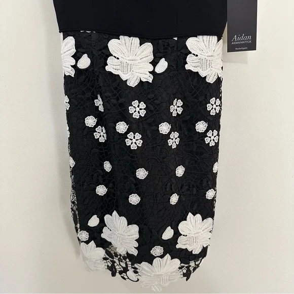 Aidan by Aidan Mattox black white floral lace mini dress one-shoulder bow NWT - Picture 3 of 10
